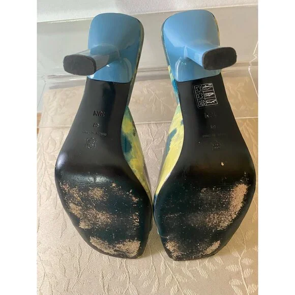 Via Spiga Open-Toe Mules Yellow & Blue Abstract Pattern Shoes Heels Size 10 - Picture 6 of 9
